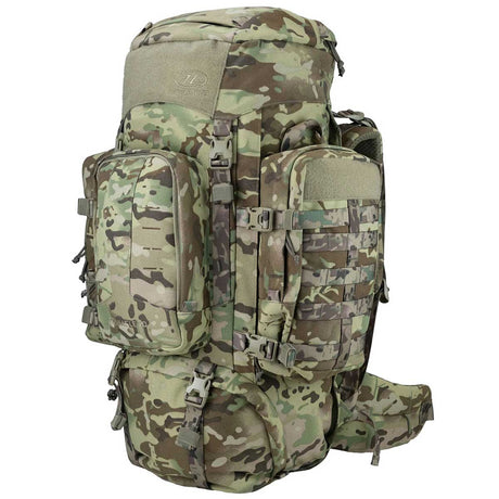 front angle view highlander pinnacle rucksack 70 litre hmtc camo