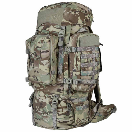 front angle view highlander pinnacle rucksack 90l hmtc camo