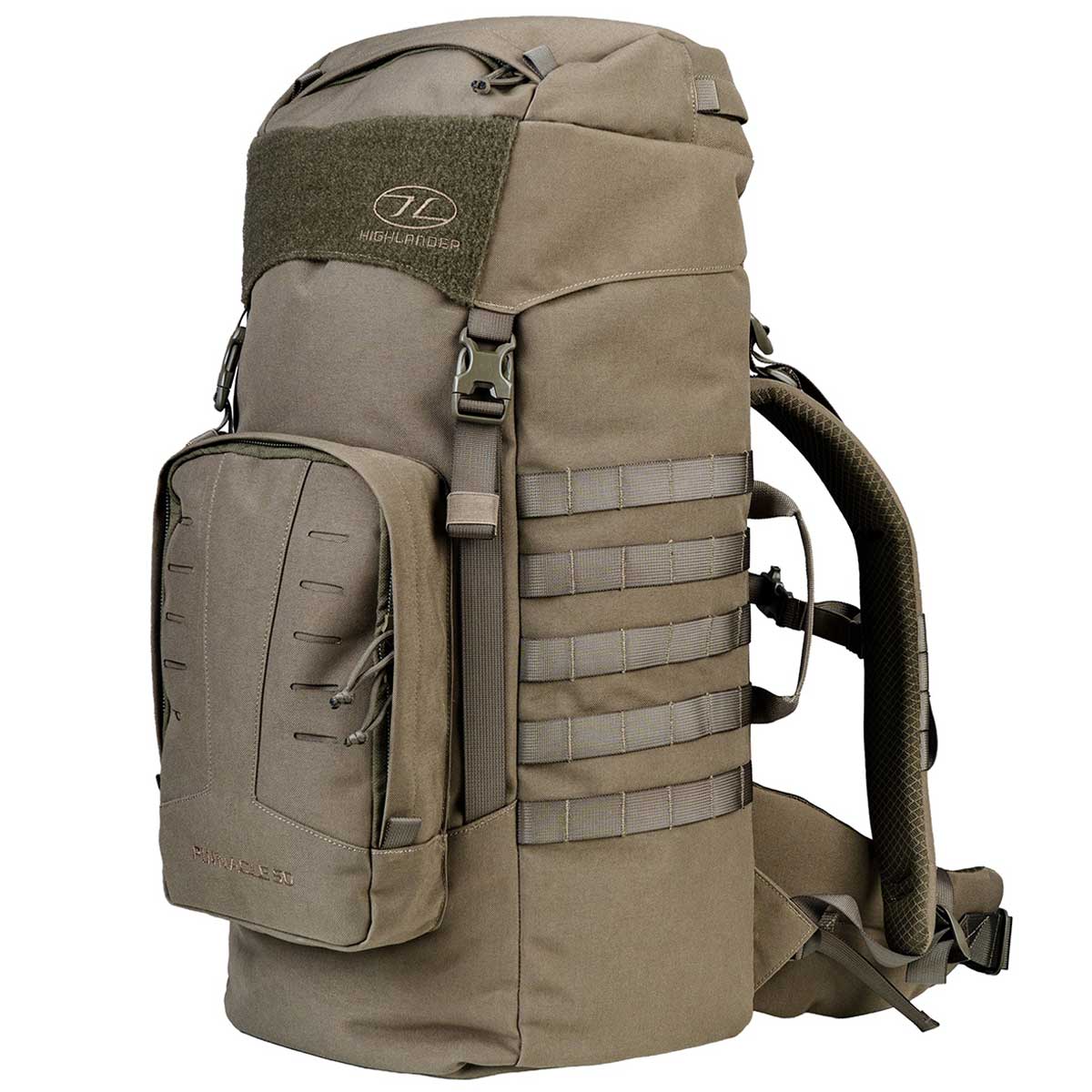front angle view highlander tactical pinnacle rucksack 50l ranger green