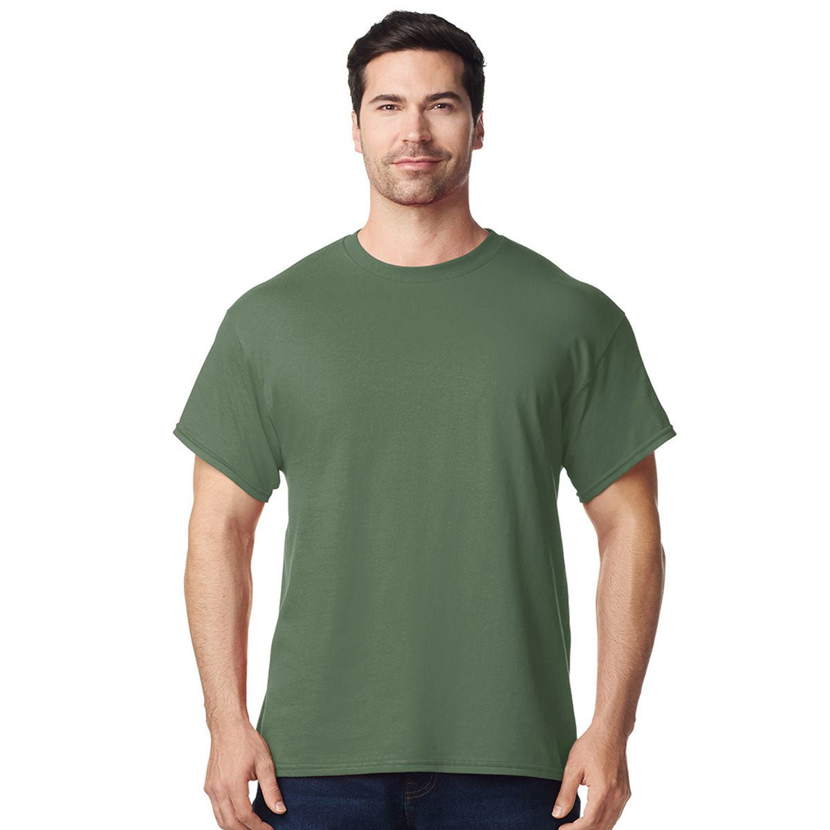 front view model wearing mens gildan short sleeve heavy cotton tshirt olive green