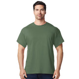 front view model wearing mens gildan short sleeve heavy cotton tshirt olive green
