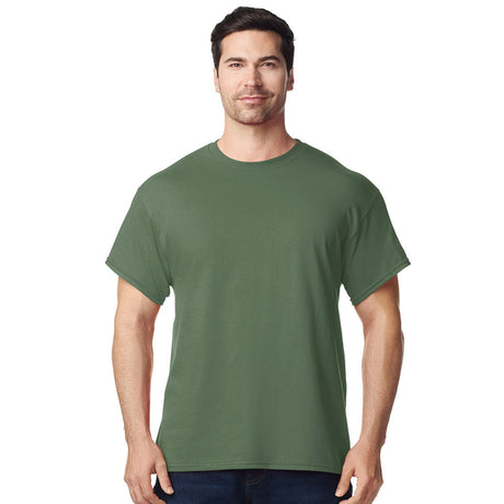 front view model wearing mens gildan short sleeve heavy cotton tshirt olive green