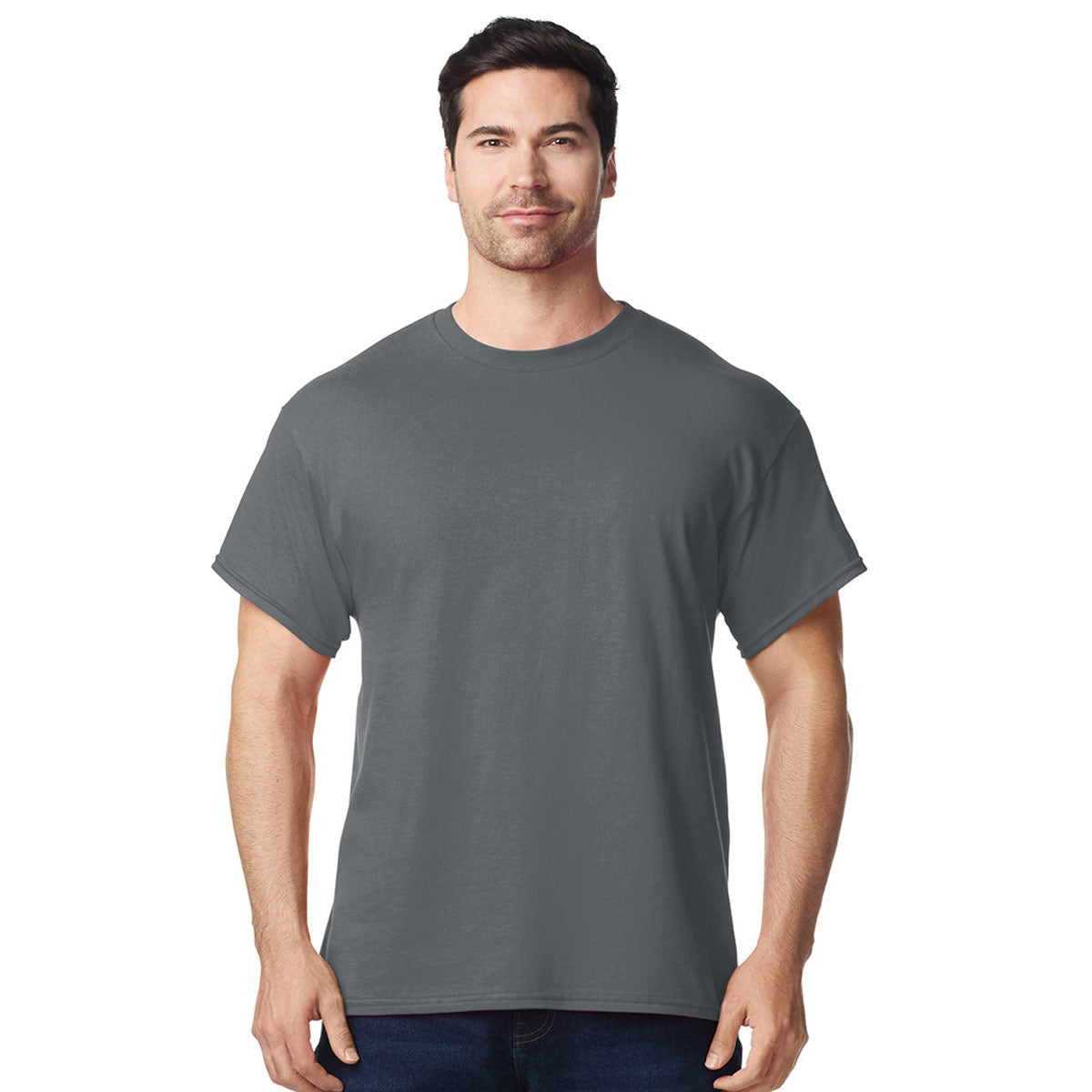 front view model wearing mens gildan short sleeve heavy cotton tshirt charcoal