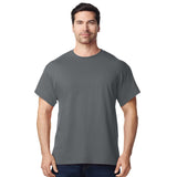 front view model wearing mens gildan short sleeve heavy cotton tshirt charcoal