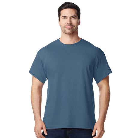 front view model wearing mens gildan short sleeve heavy cotton tshirt indigo blue