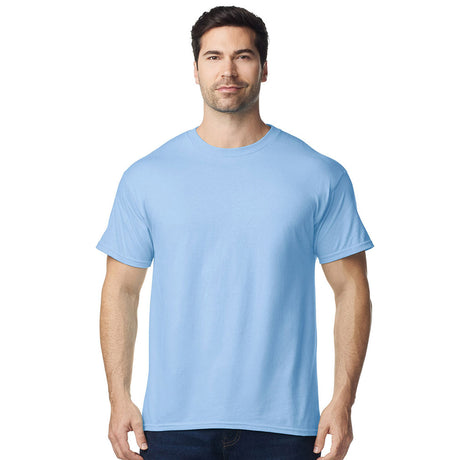 front view model wearing mens gildan short sleeve heavy cotton tshirt light blue