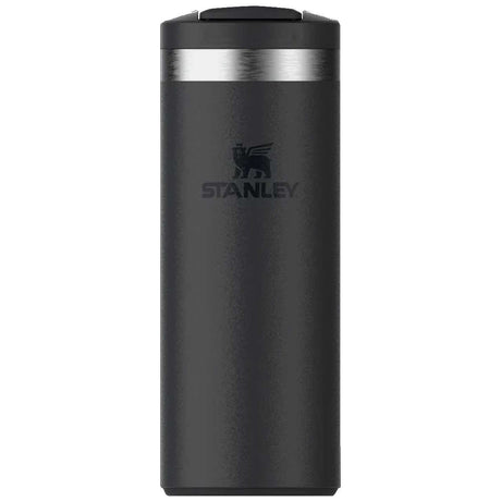 front view of 350ml black stanley transit flip top mug