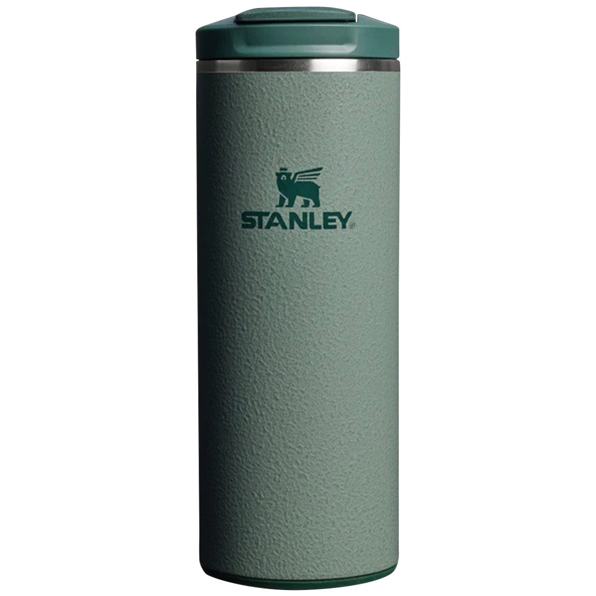 front view of 350ml hammertone green stanley transit flip top mug