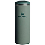 front view of 350ml hammertone green stanley transit flip top mug