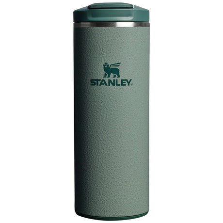 front view of 350ml hammertone green stanley transit flip top mug