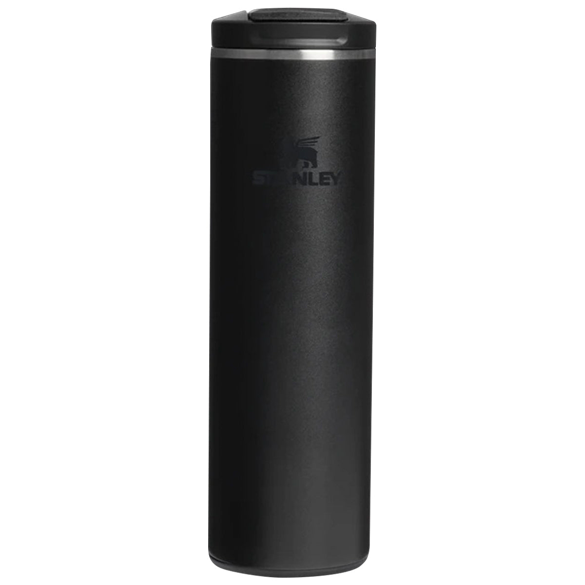 front view of 470ml black stanley transit flip top mug