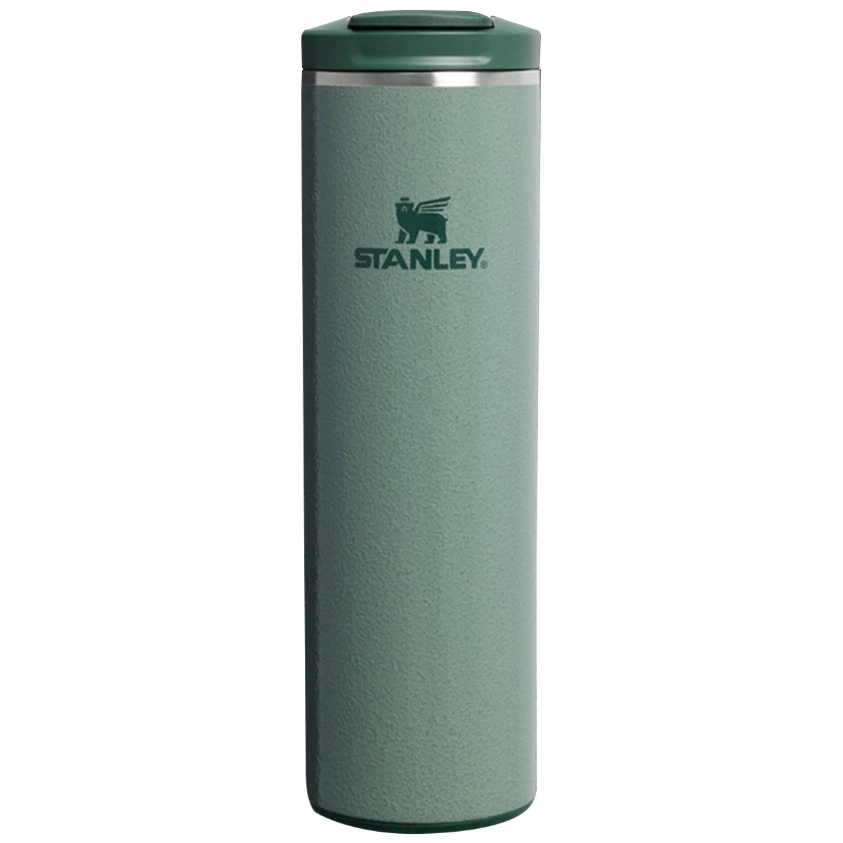 front view of 470ml hammertone green stanley transit flip top mug
