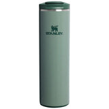 front view of 470ml hammertone green stanley transit flip top mug