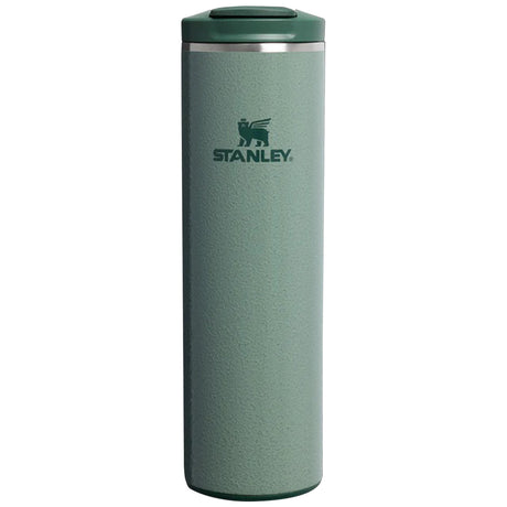 front view of 470ml hammertone green stanley transit flip top mug