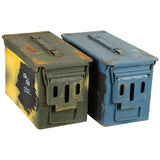 front view of army issue used 50 cal ammo box blue green