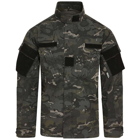 front view of black camouflage kombat acu assault shirt