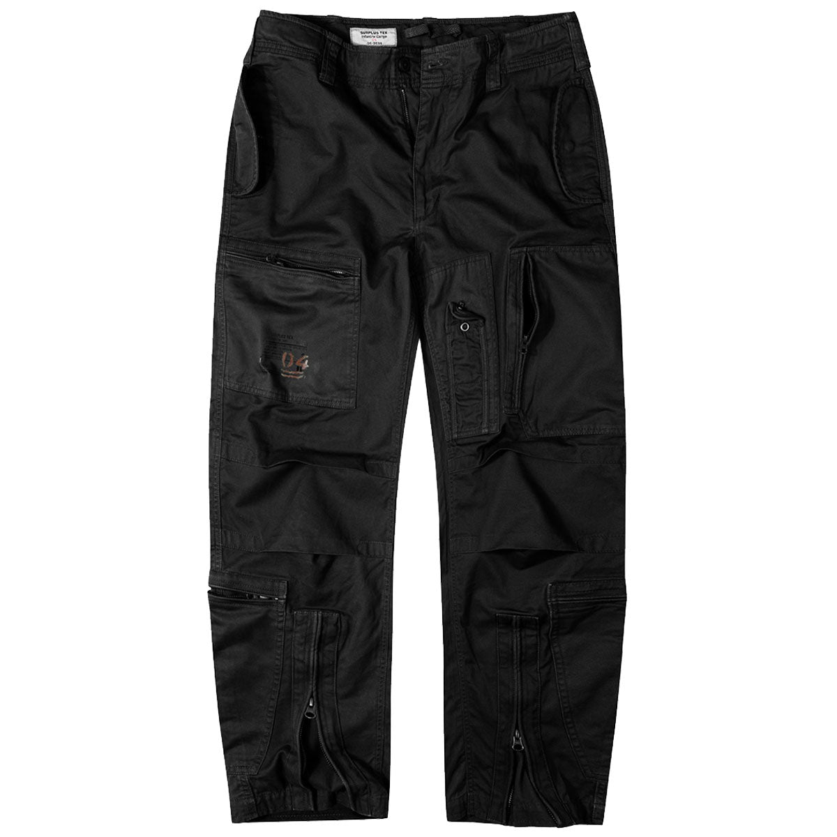 front view of black surplus raw vintage infantry cargo trousers