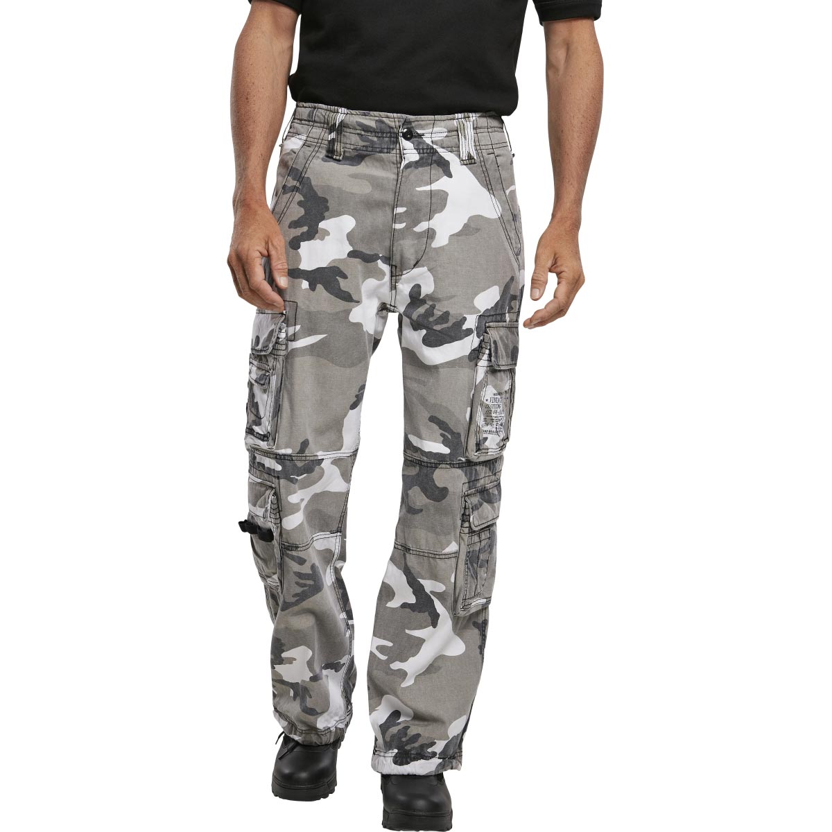 front view of brandit pure vintage urban camo trousers