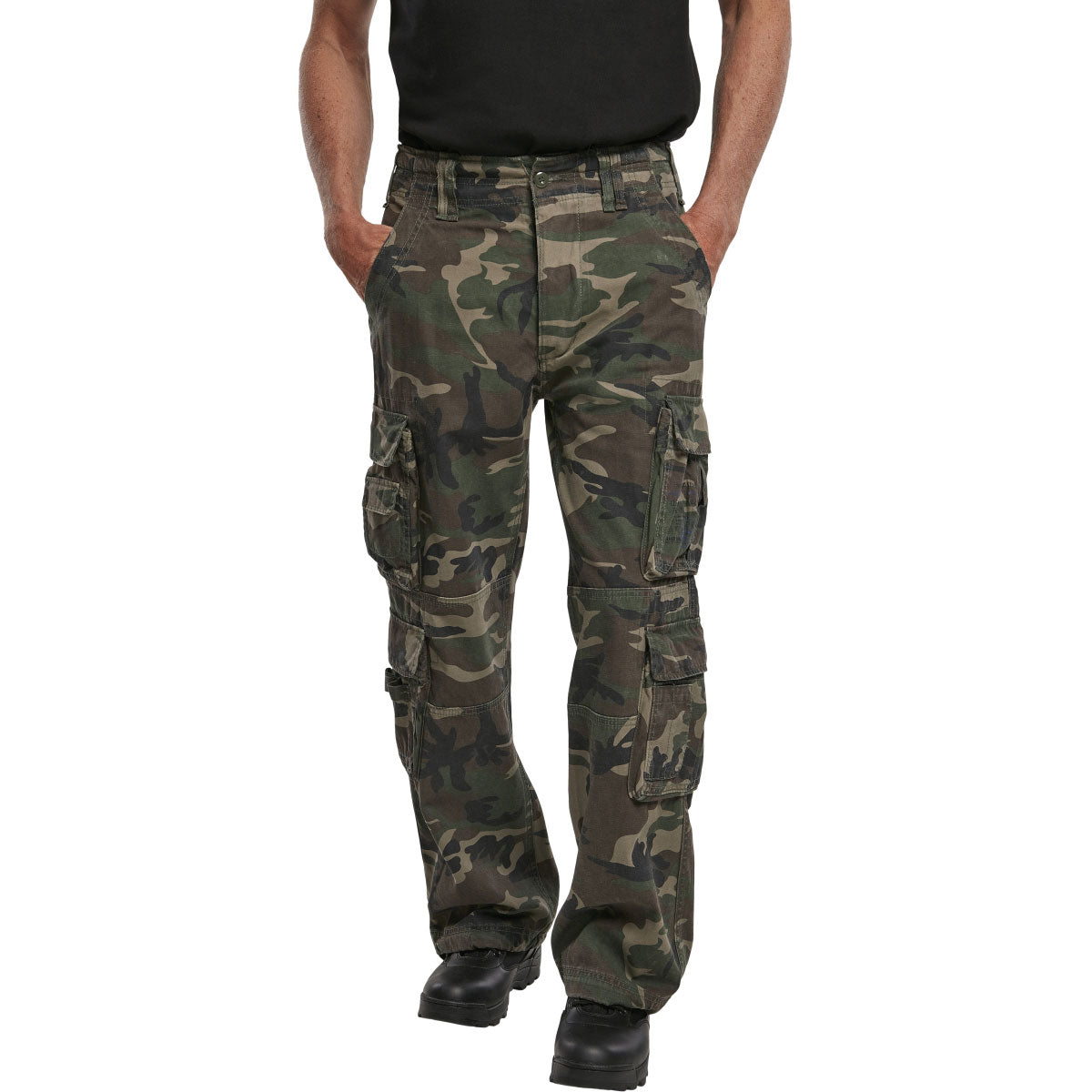front view of brandit pure vintage woodland camo trousers