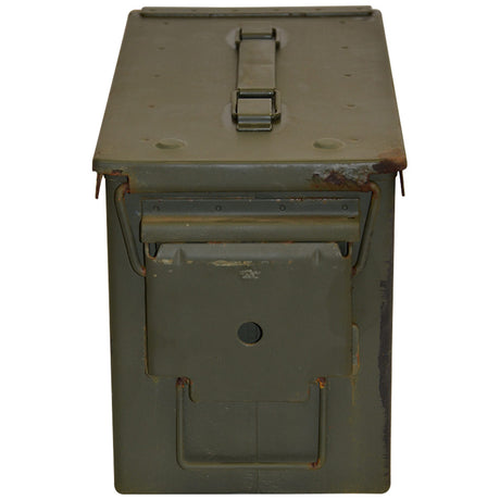 front view of british army 50 cal used metal ammo box