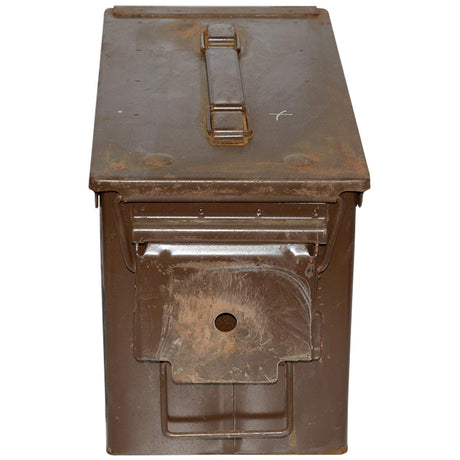 front view of british army issue used metal 50 cal used brown ammo box