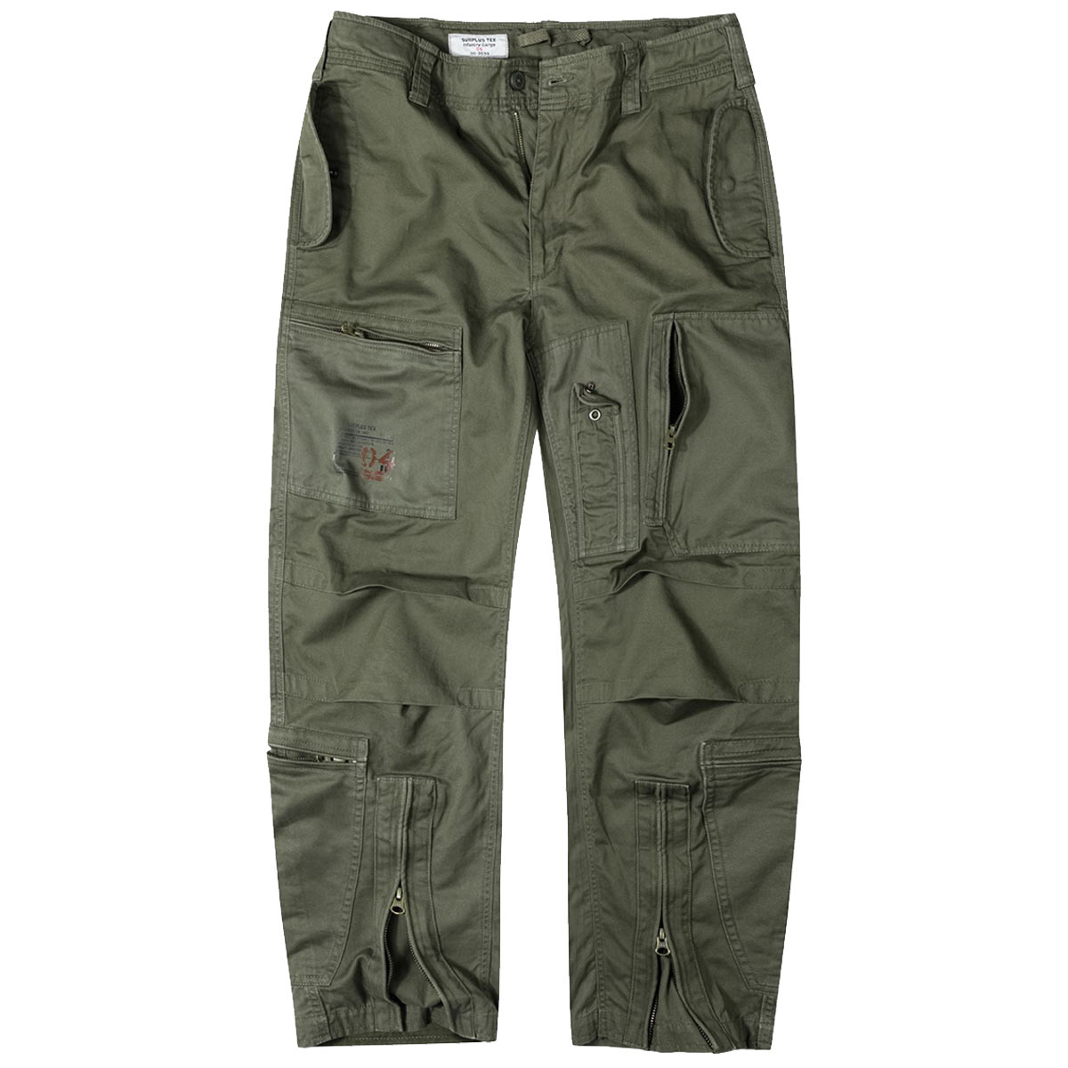front view of green surplus raw vintage infantry cargo trousers