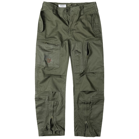 front view of green surplus raw vintage infantry cargo trousers