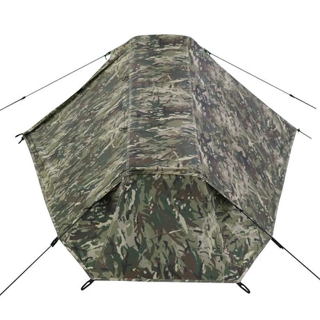 front view of highlander blackthorn hmtc camo 1 gen2 one person tent