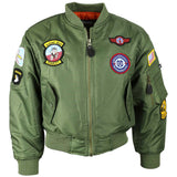 front view of kombat kids olive green ma1 jacket
