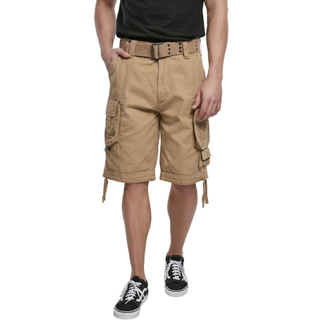 front view of model wearing brandit savage vintage shorts beige