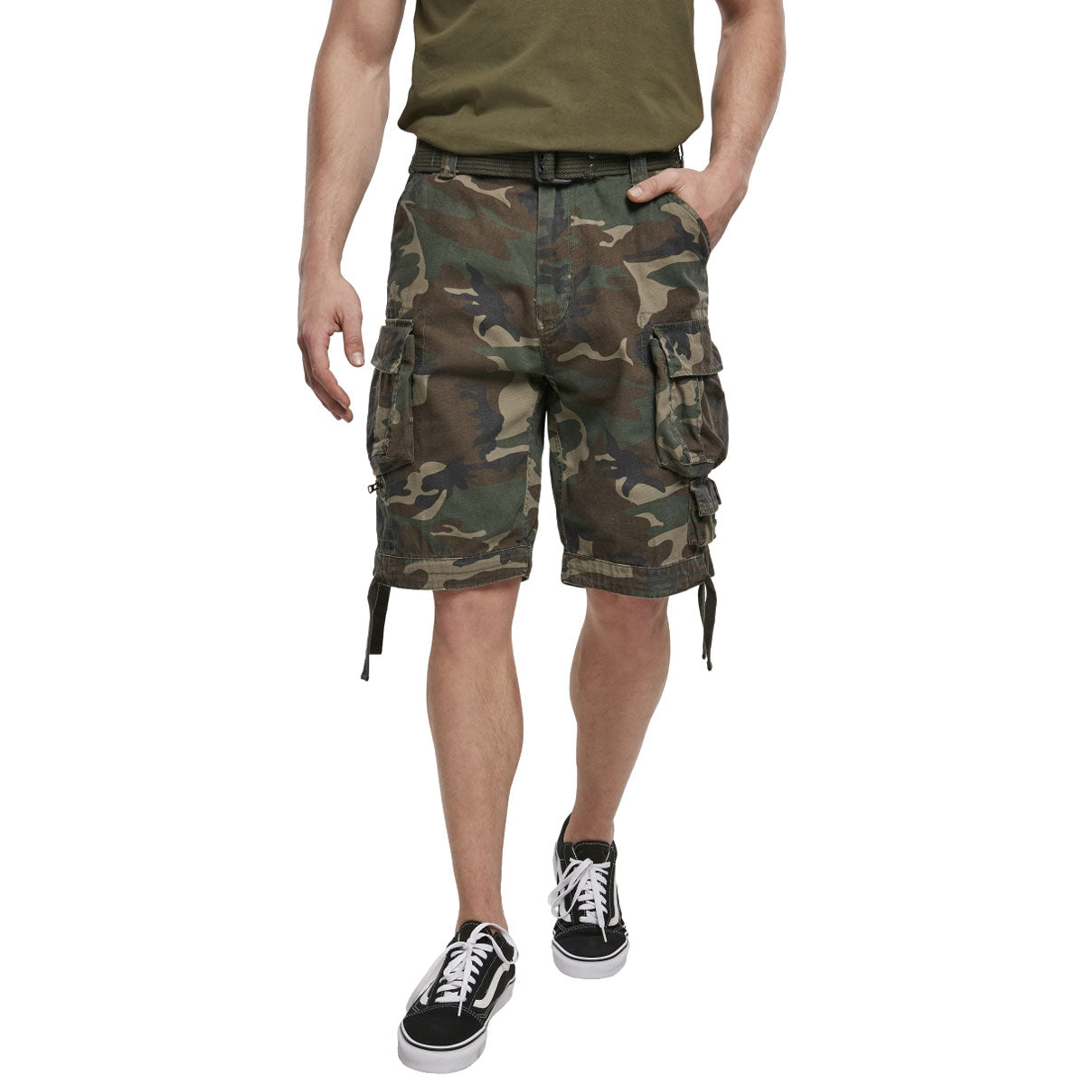 front view of model wearing brandit savage vintage shorts woodland camo