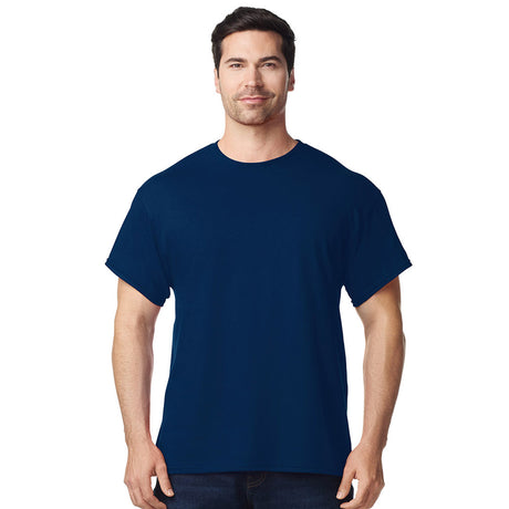 front view model wearing mens gildan short sleeve heavy cotton tshirt navy blue