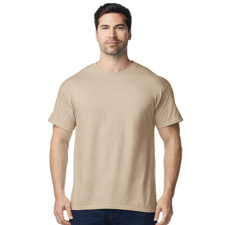 front view model wearing mens gildan short sleeve heavy cotton tshirt sand