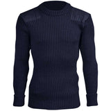 front view of navy blue woolly pully army jumper with patches