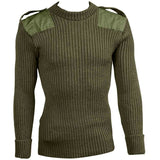 front view of olive green army wool commando jumper with epaulettes