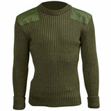 front view of olive green woolly pully army jumper with patches