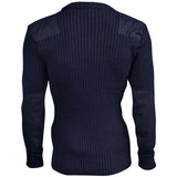 front view of woolly pully army navy blue jumper with patches
