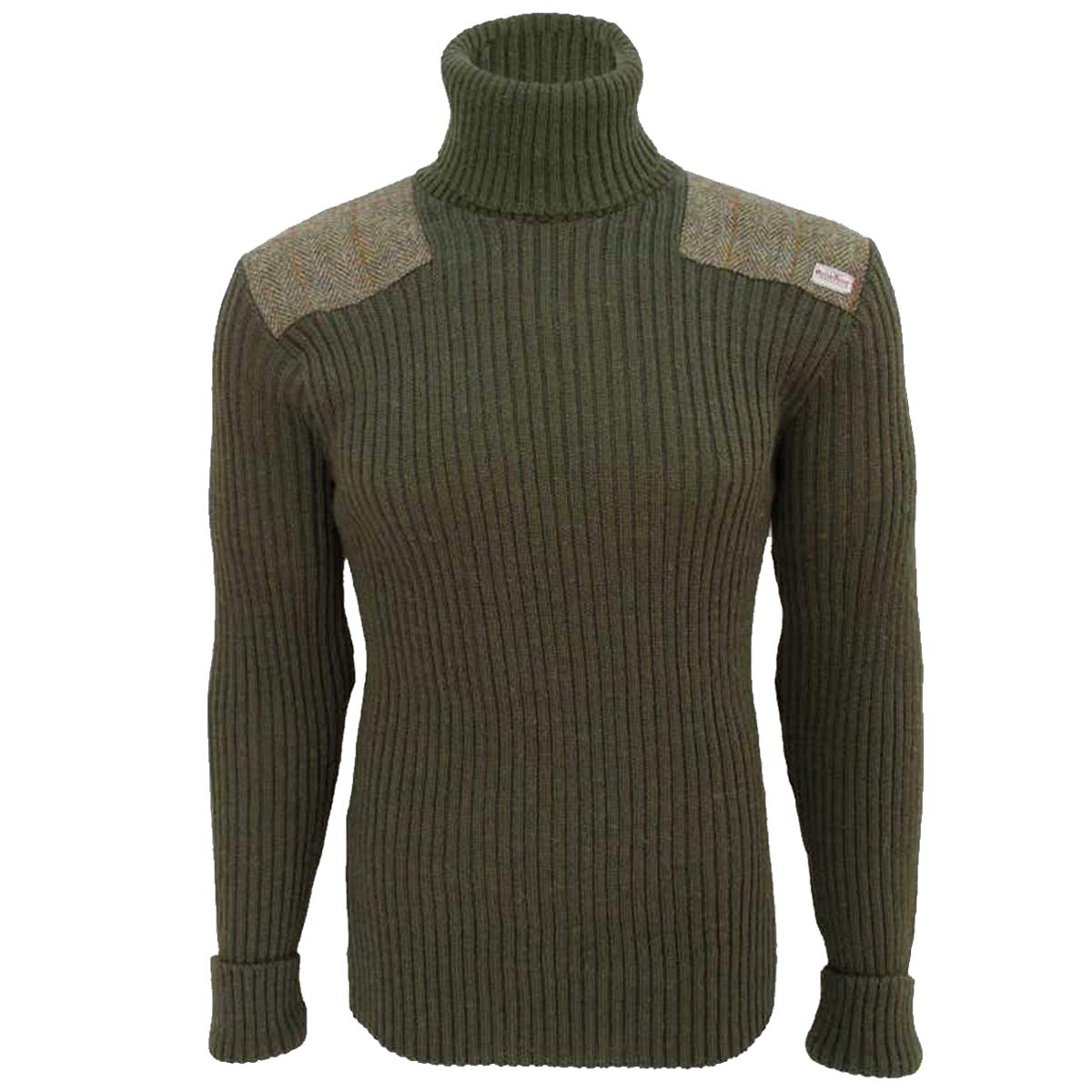 ghillie roll neck woolly pully jumpert with harris tweed patches olive