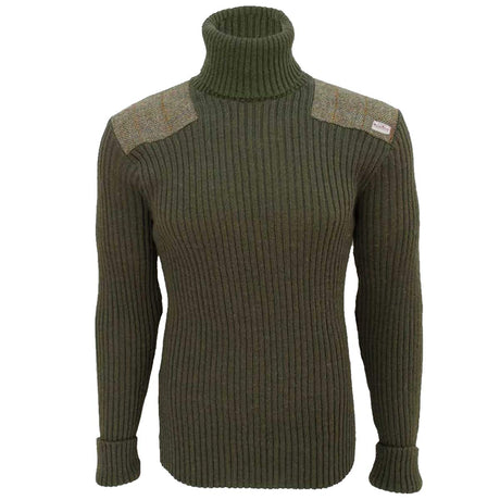 ghillie roll neck woolly pully jumpert with harris tweed patches olive