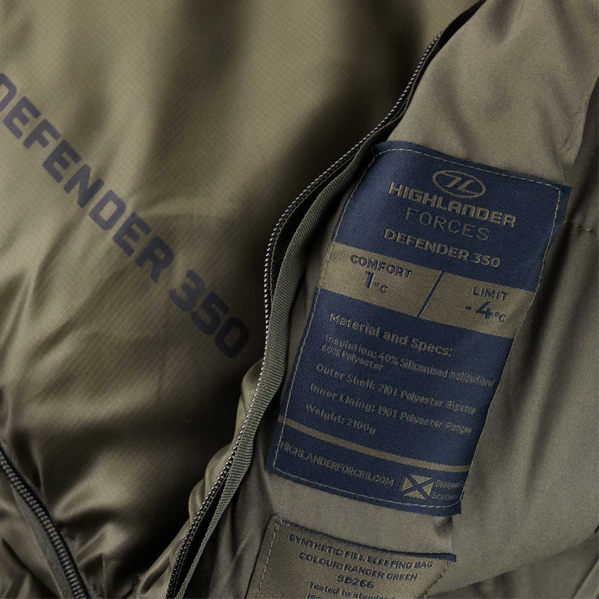 highlander green defender 350 sleeping bag with 1 degree comfort rating