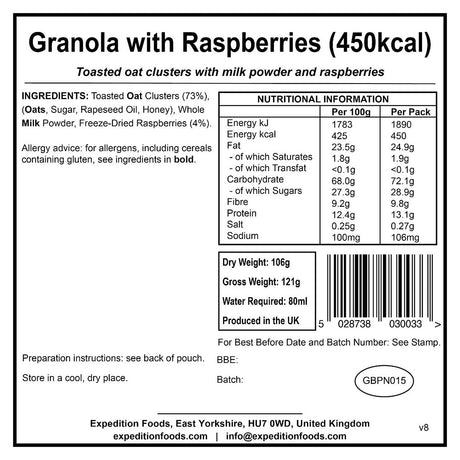 information label for expedition foods granola with raspberries 450kcal