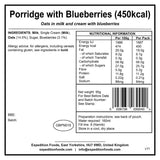 information label for expedition foods porridge with blueberries 450kcal