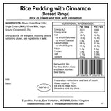 information label for expedition foods rice pudding with cinnamon dessert