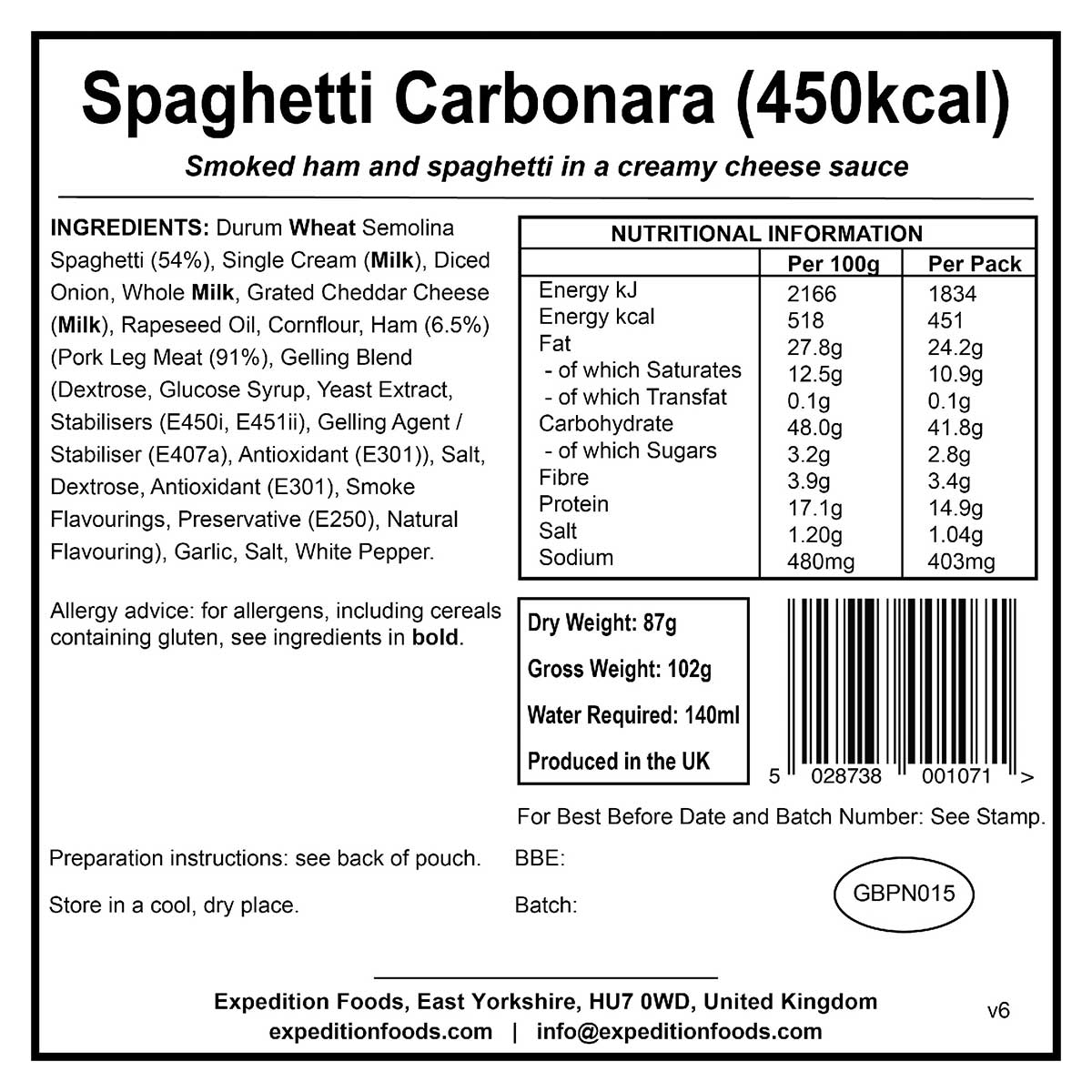 Expedition Foods Freeze-Dried Spaghetti Carbonara 450kcal