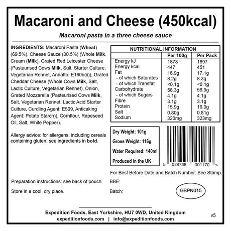 information label for expedition foods macaroni and cheese 450kcal
