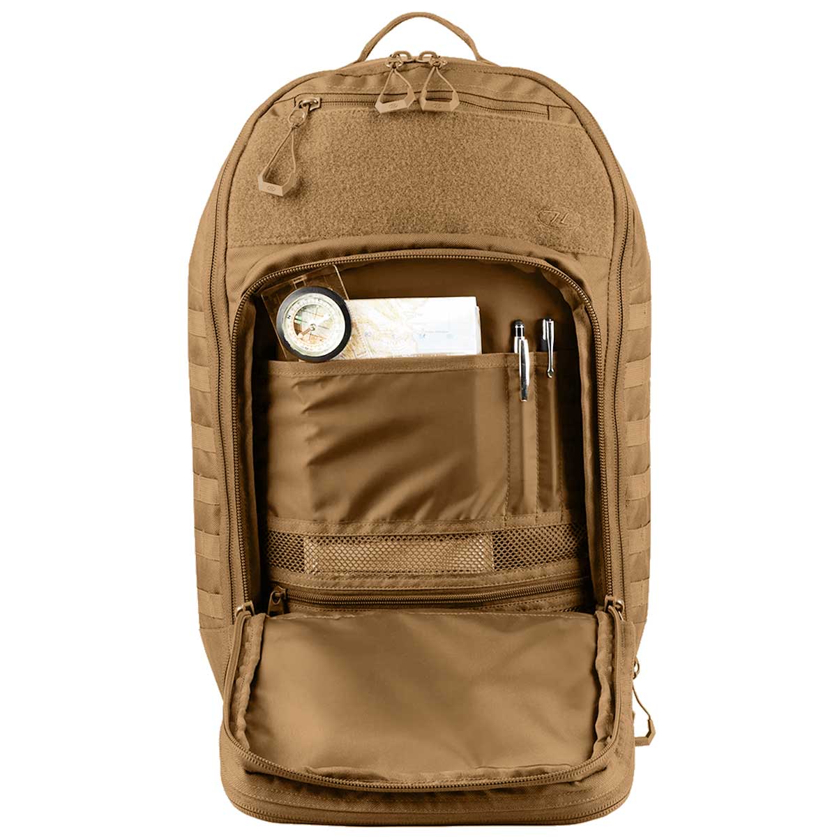 internal organiser of highlander harrier coyote tan full 45l clamshell pack