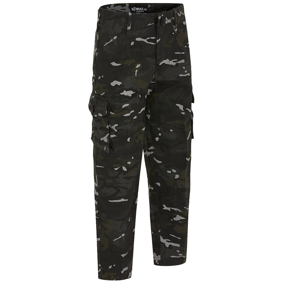 leg cargo pockets on black btp camo kombat kids trousers