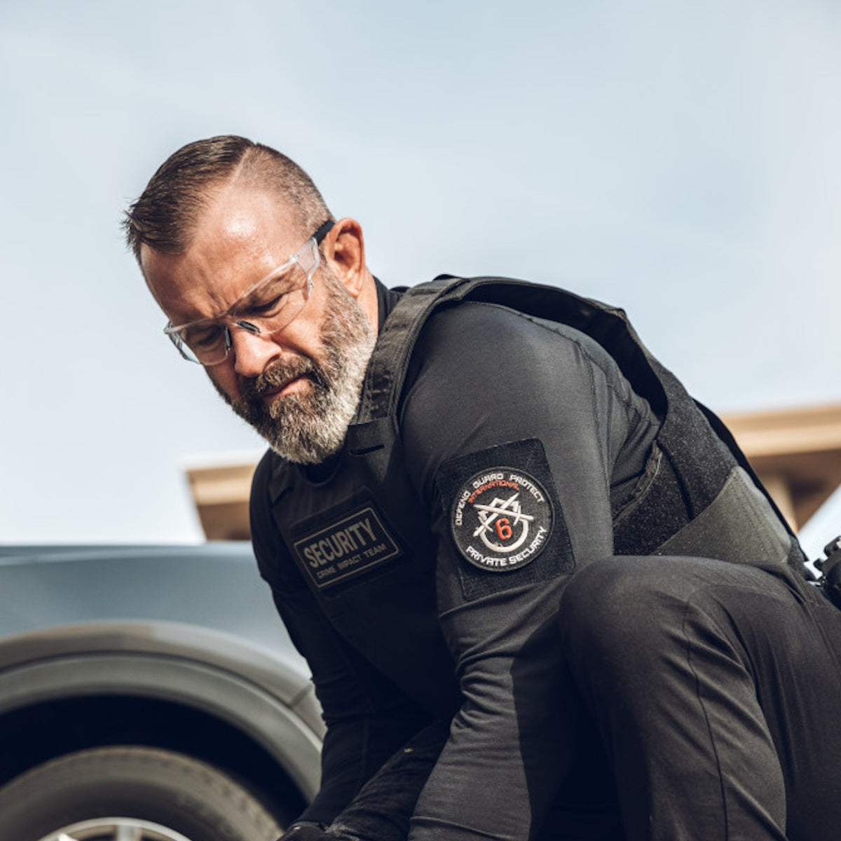 mechanix wear type n safety glasses clear lens being worn