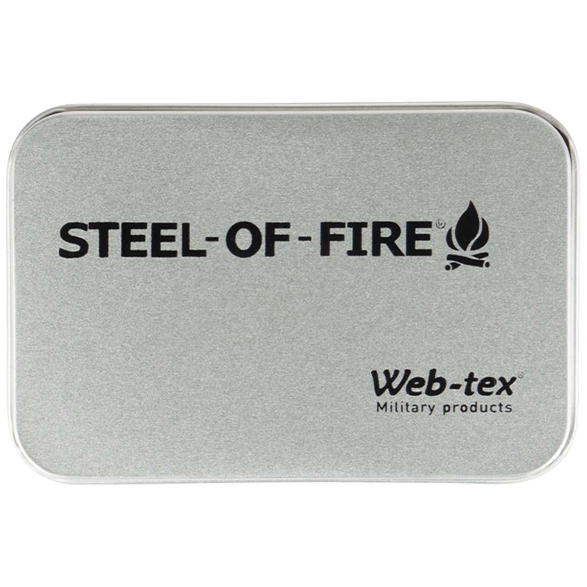 metal container of web tex steel of fire starter kit