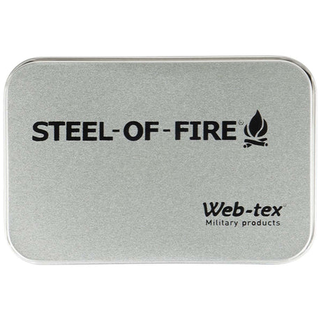 metal container of web tex steel of fire starter kit